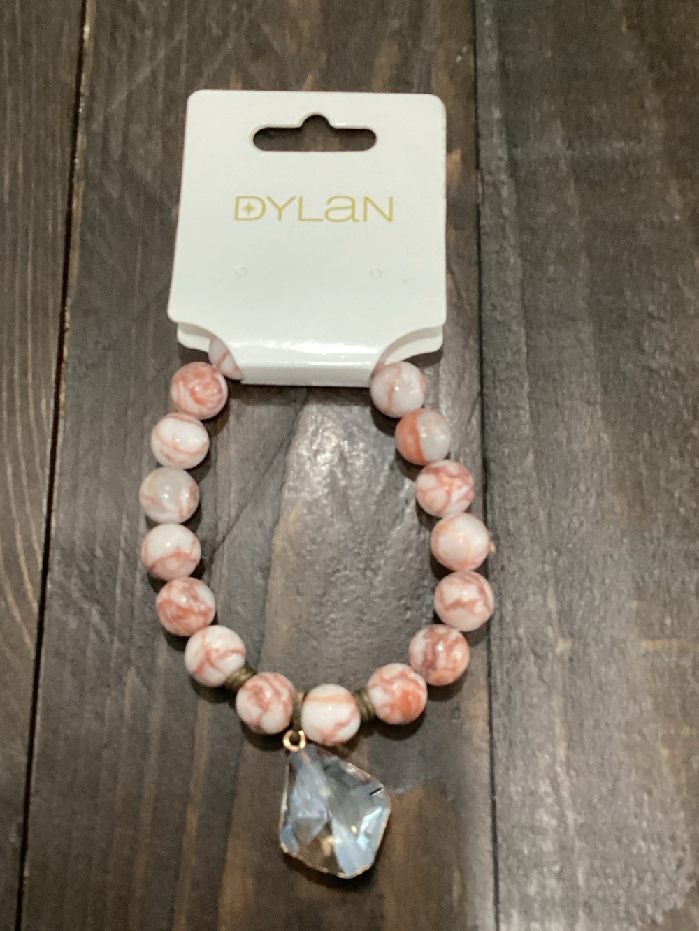 dylan Pink Marble Beaded Bracelet with Faceted Crystal Pendant